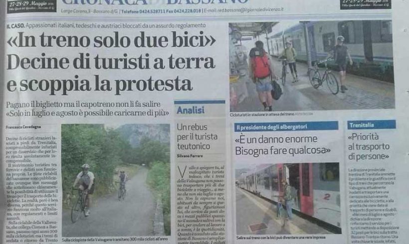 Bassano. In treno solo due bici. Decine di turisti a terra e protesta degli albergatori. Bassano. In treno solo due bici. Decine di turisti a terra e protesta degli albergatori.